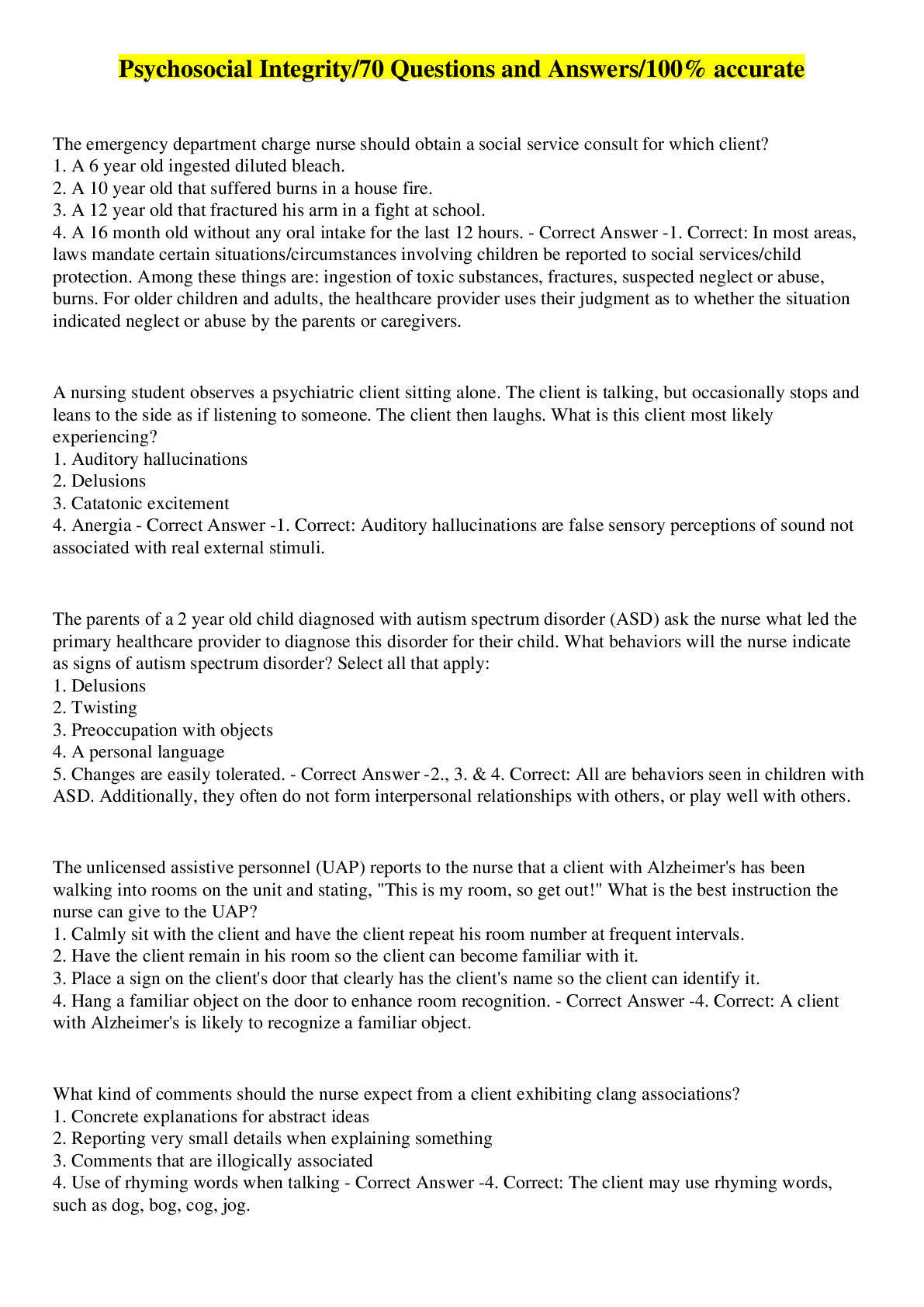 Preview image for Psychosocial Integrity/70 Questions and Answers/100% accurate